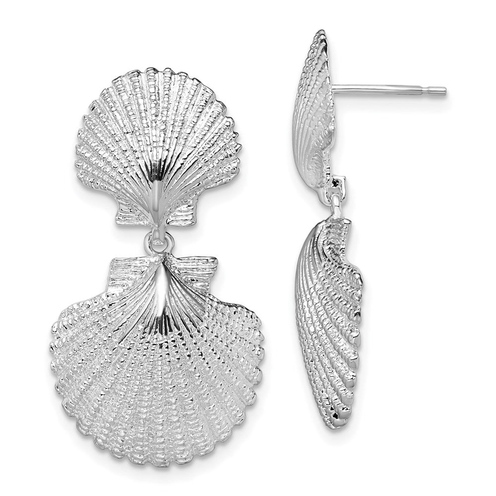 Sterling Silver Rhod-plated Polished Double Shell Dangle Post Earrings