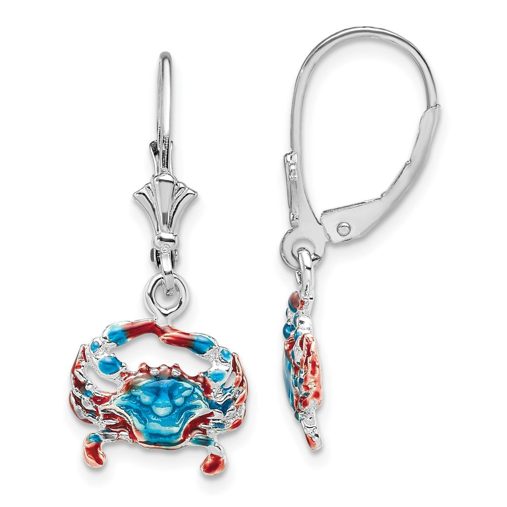 Sterling Silver Rhodium-plated Enameled Blue Crab Leverback Earrings