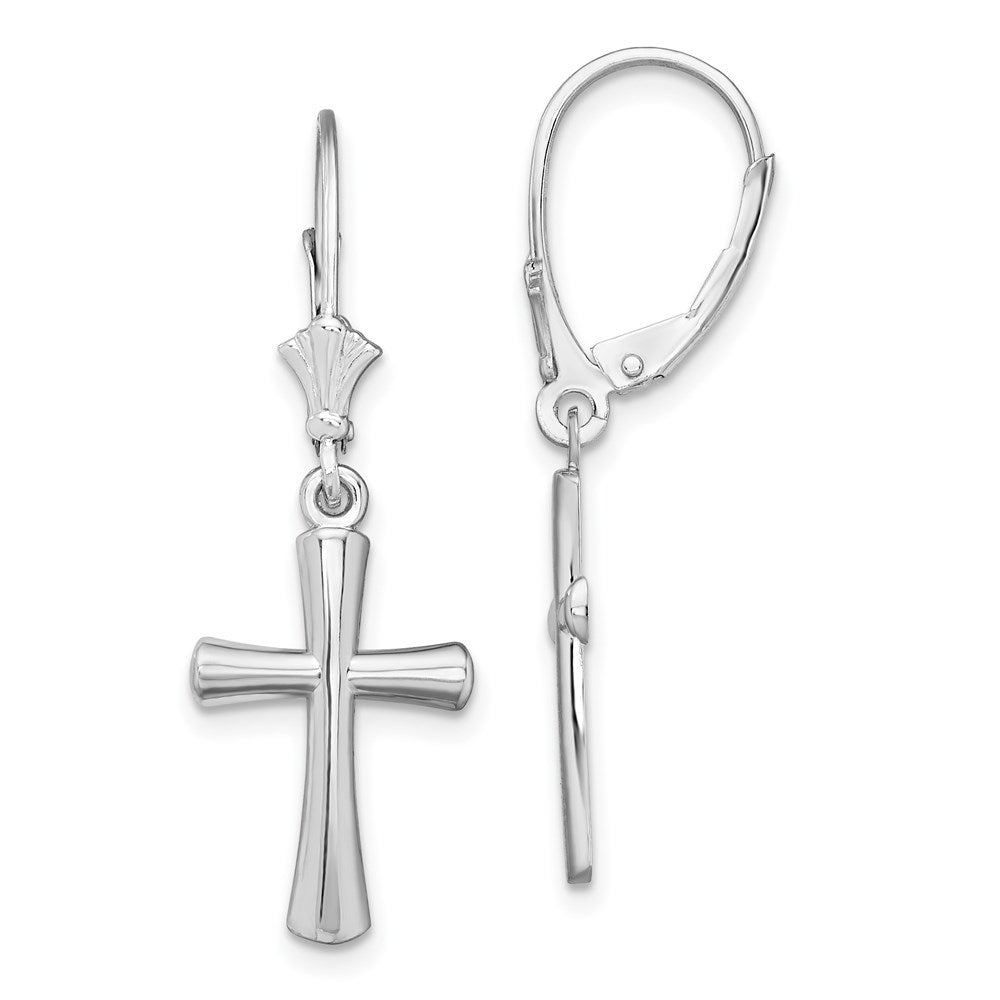 Sterling Silver Rhod-plated Polished Beveled Latin Cross Leverback Earrings