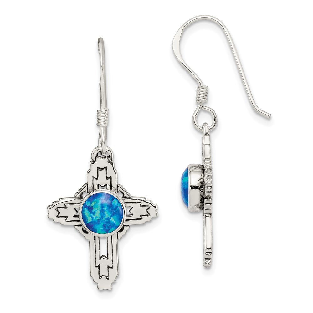 Sterling Silver Polished & Antiqued Created Opal Cross Dangle Earrings