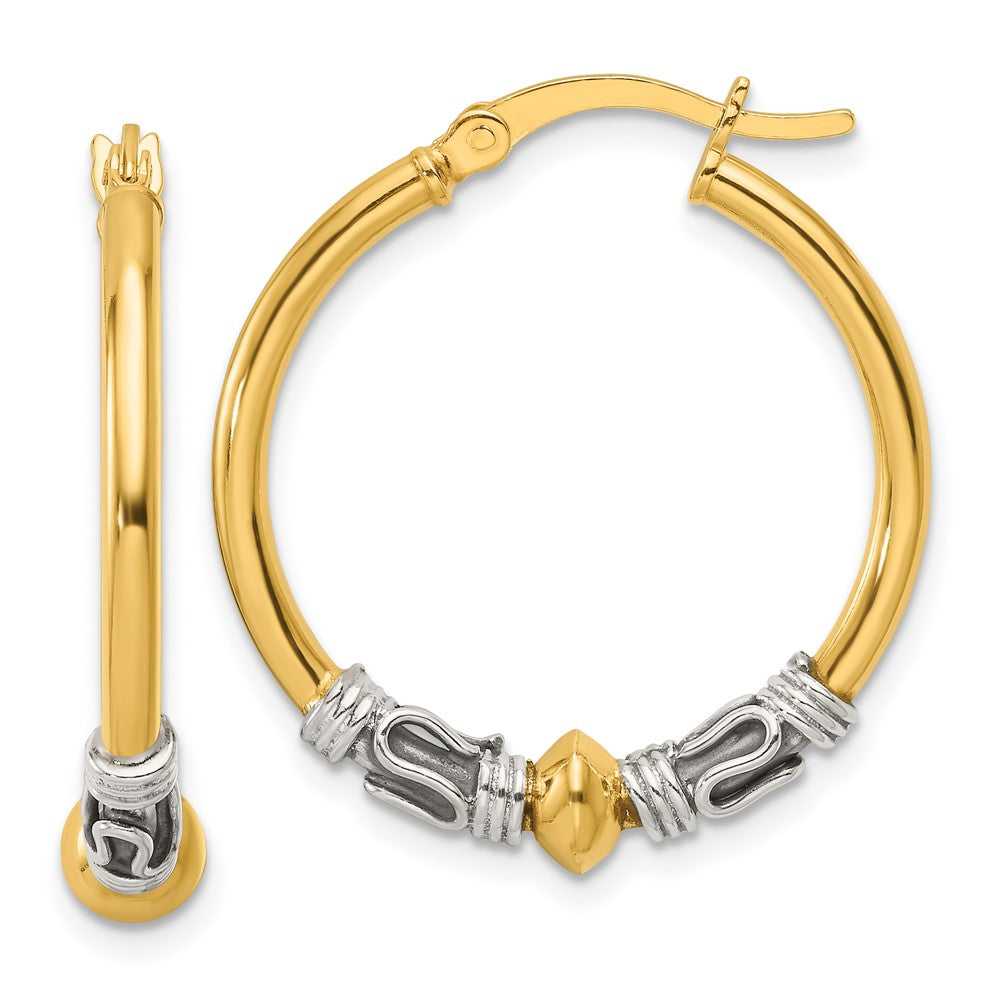 Sterling Silver Gold-tone Polished Antiqued Beaded Hoop Earrings