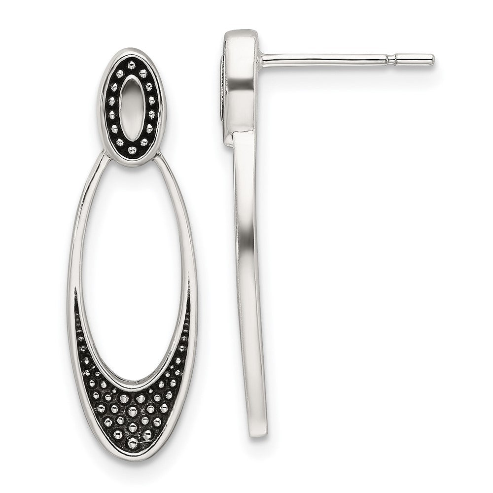 Sterling Silver Polished and Antiqued Oval Post Earrings
