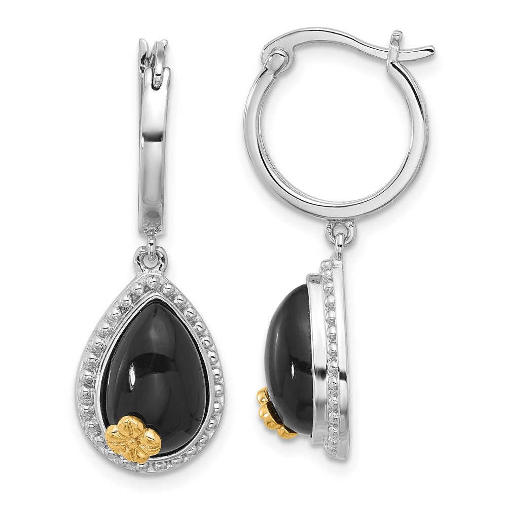 Sterling Silver RH-pltd w/ 14k accent Flower Onyx Teardrop Dangle Earrings