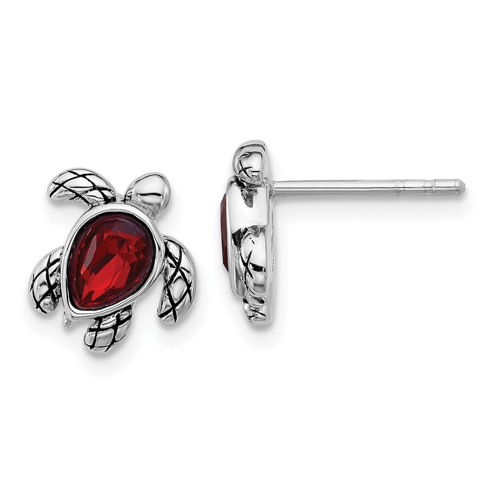 Sterling Silver RH-plated Antiqued Crystal Jan Birthstone Turtle Earrings
