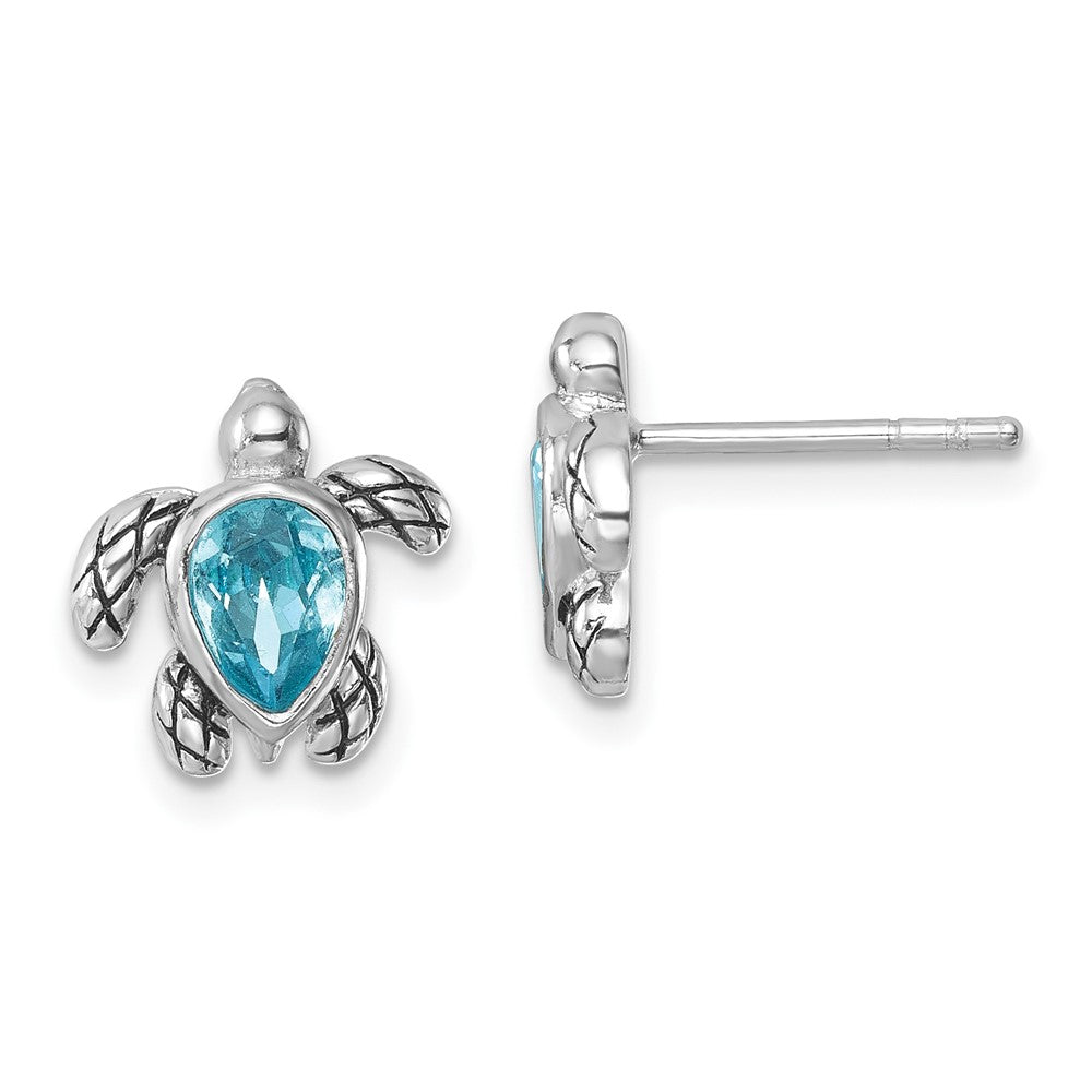 Sterling Silver Rh-plated Antiqued Crystal March Turtle Post Earrings