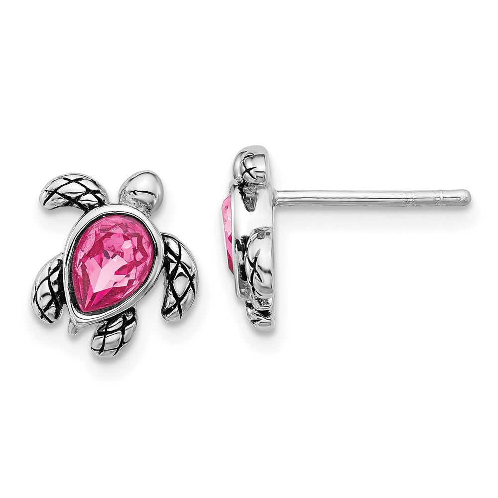 Sterling Silver RH-plated Antiqued Crystal Oct Birthstone Turtle Earrings