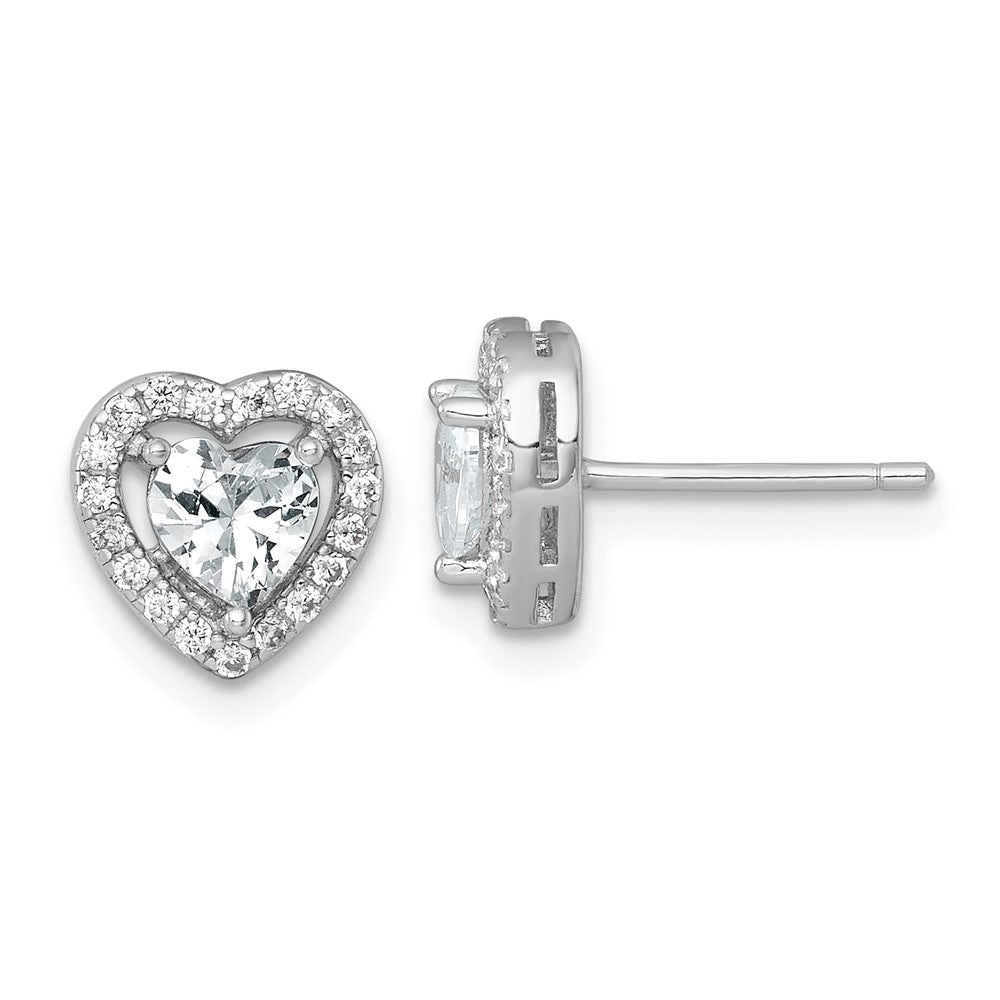 Sterling Silver RH-plated Polished 9mm Heart Halo CZ Post Earrings