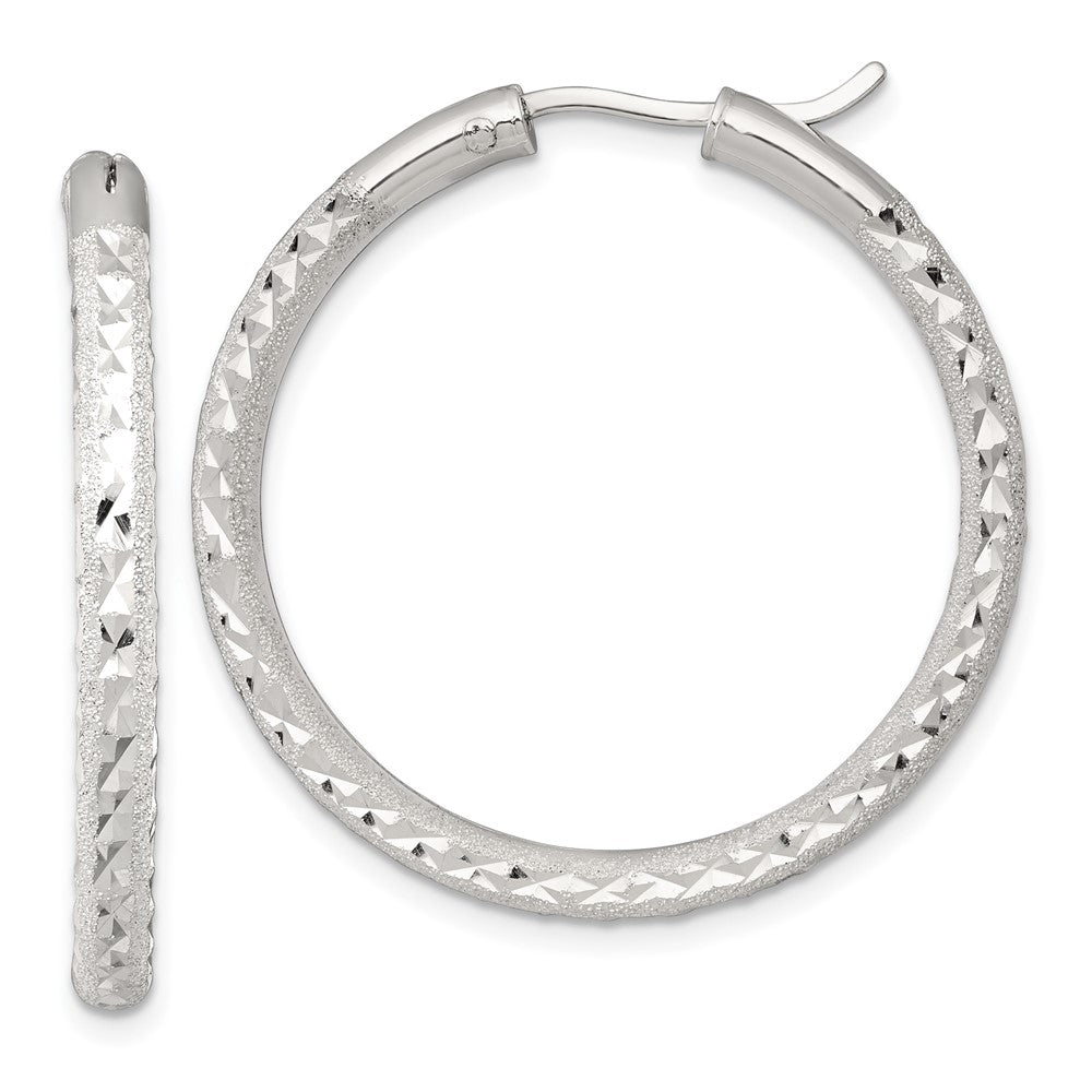 Sterling Silver Laser/Dia-cut 35x3.25mm Hidden Catch Round Hoop Earrings
