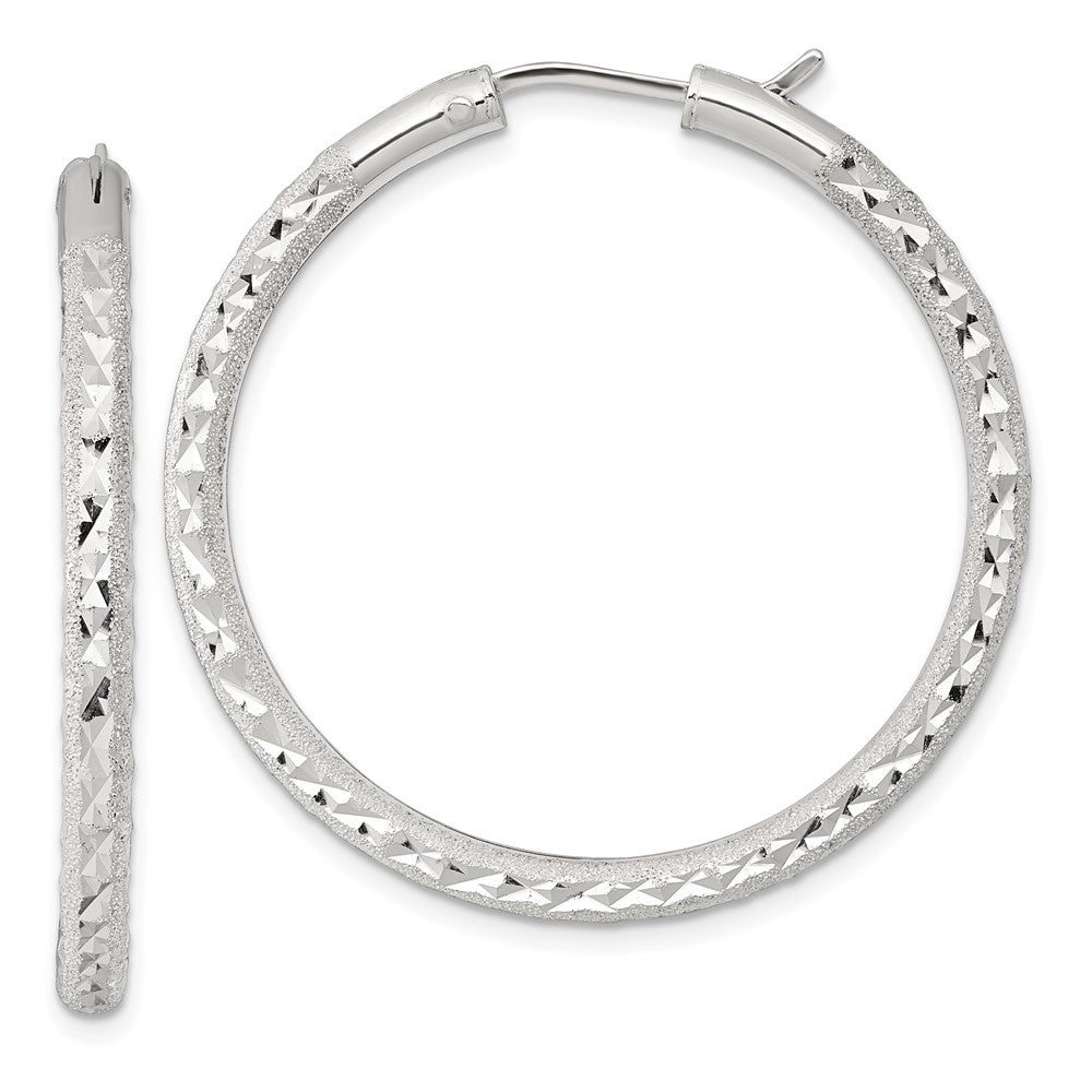 Sterling Silver Laser/Dia-cut 40x3.25mm Hidden Catch Round Hoop Earrings