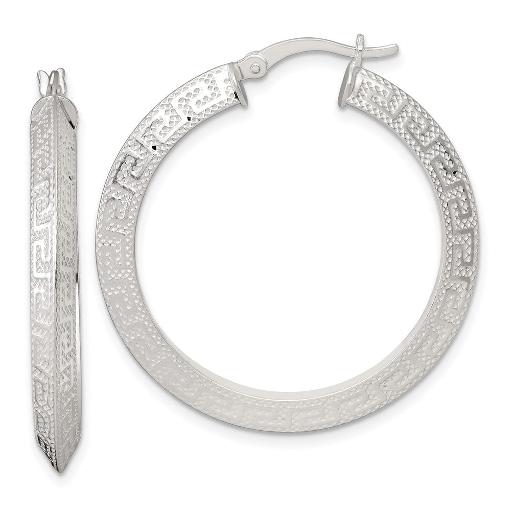 SS Textured 35x4.0mm Knife Edge Greek Key Round Hoop Earrings