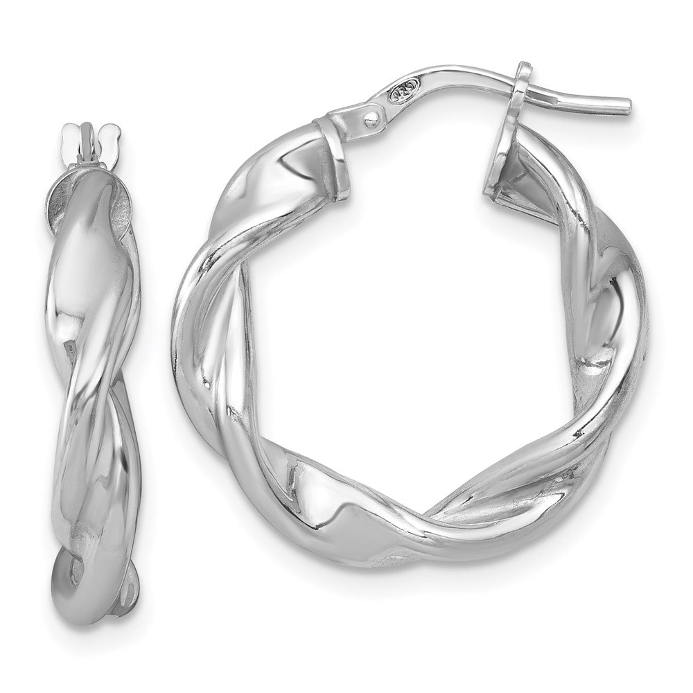 Sterling Silver RH-plated Polished and Twisted Round Hoop Earrings