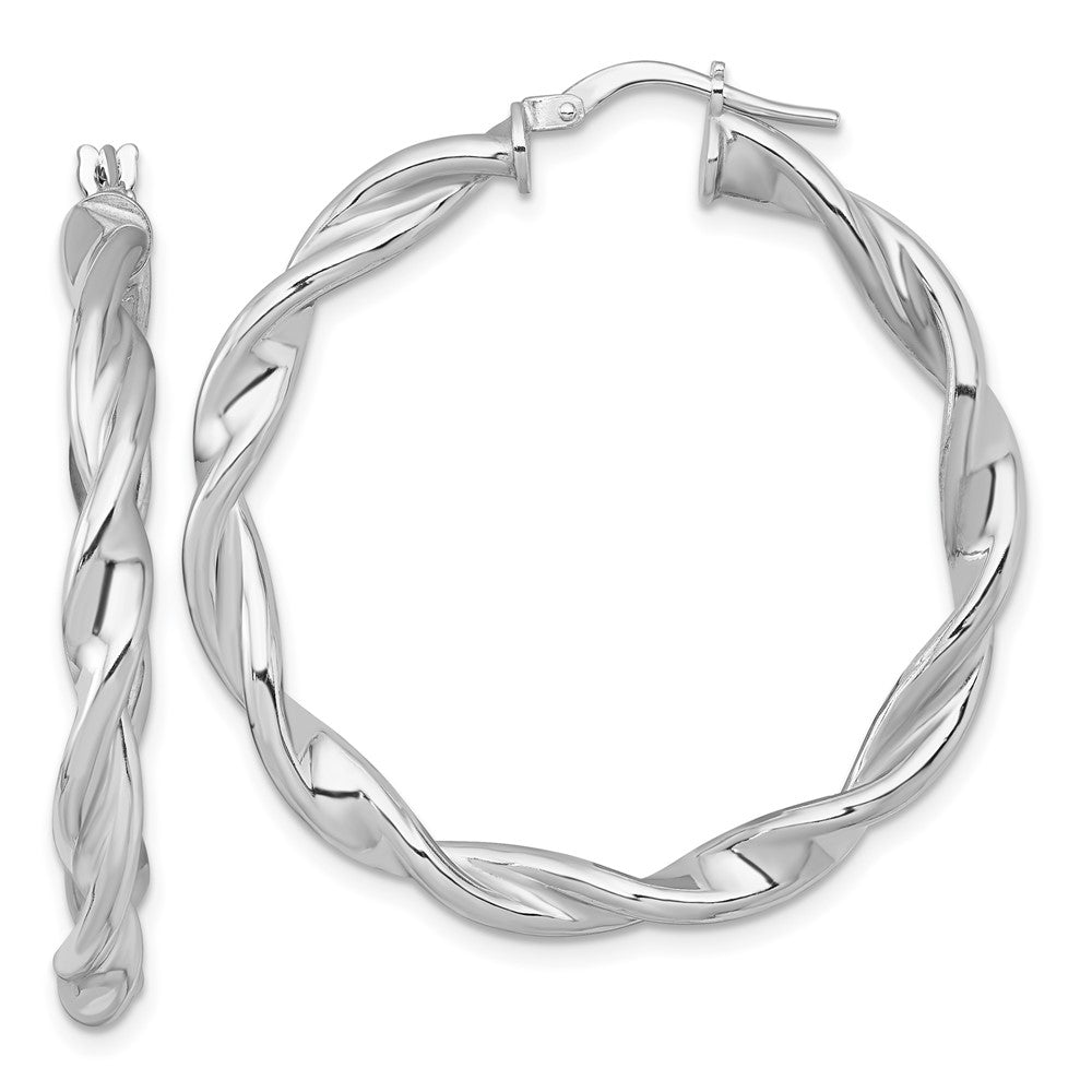 Sterling Silver RH-plated Polished and Twisted Round Hoop Earrings