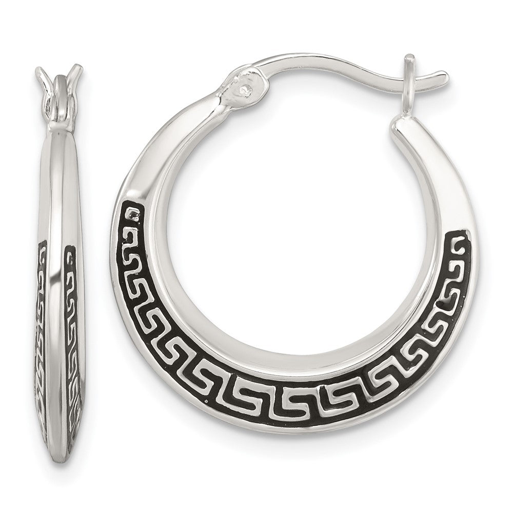Sterling Silver Polished and Enameled Greek Key Hoop Earrings