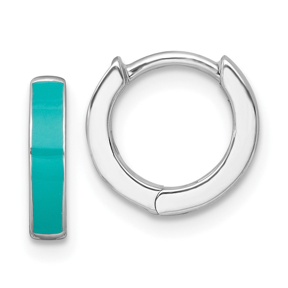 Sterling Silver RH-plated Teal Enameled Hinged Round Hoop Earrings