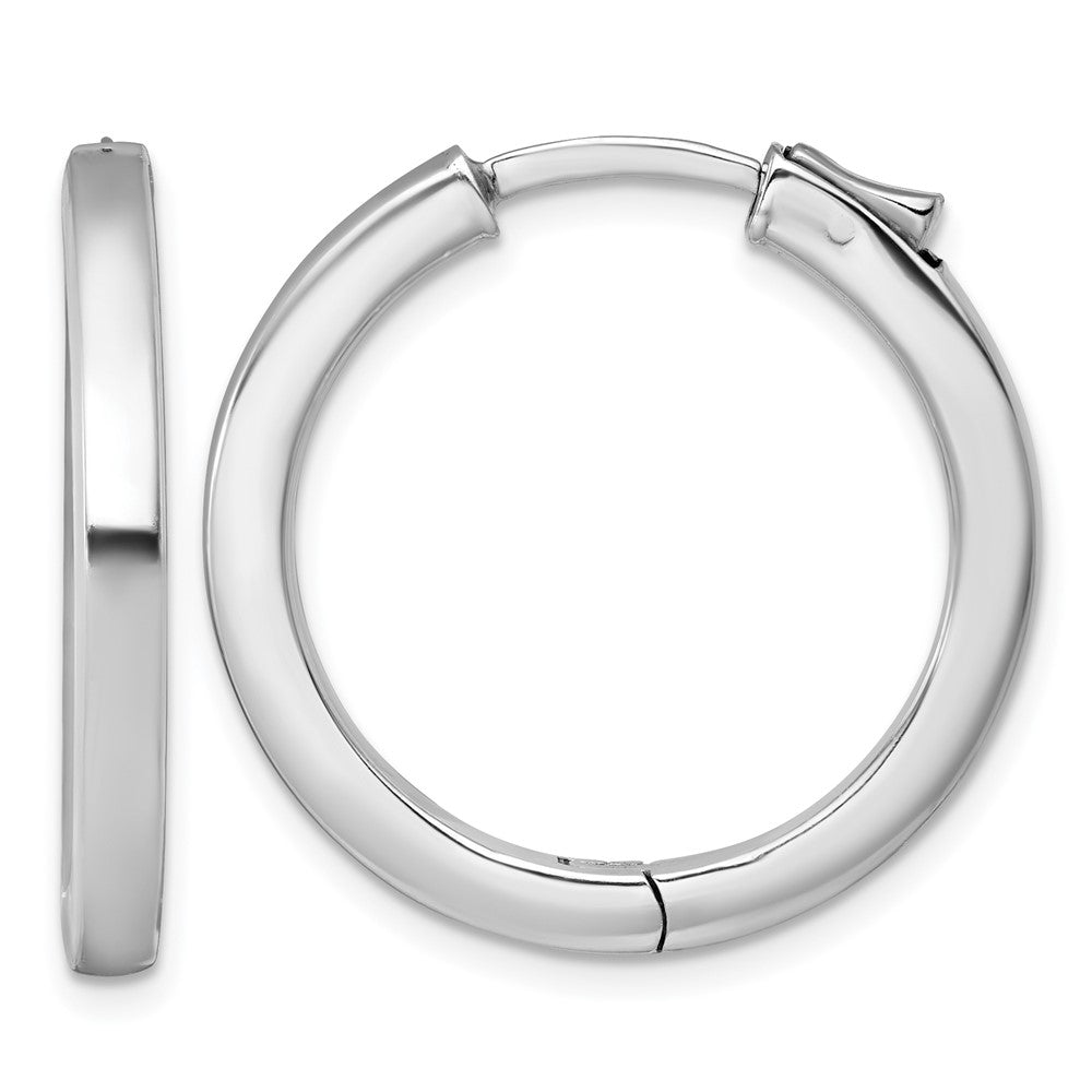 SS Rhod-plated Polish 3x28mm Hinged Square Tube w/Safety Lock Hoop Earrings