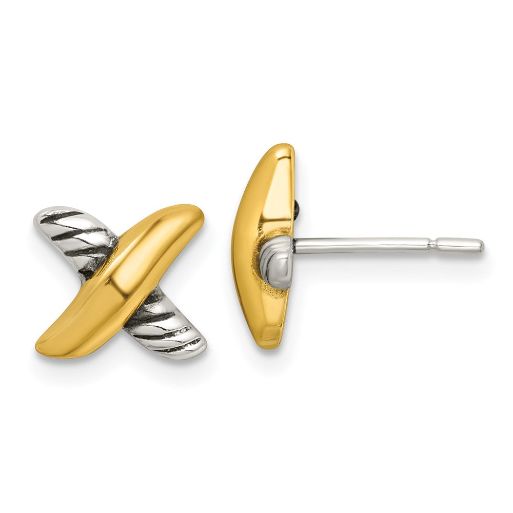 Sterling Silver and Gold-tone Antiqued Polished X Post Earrings