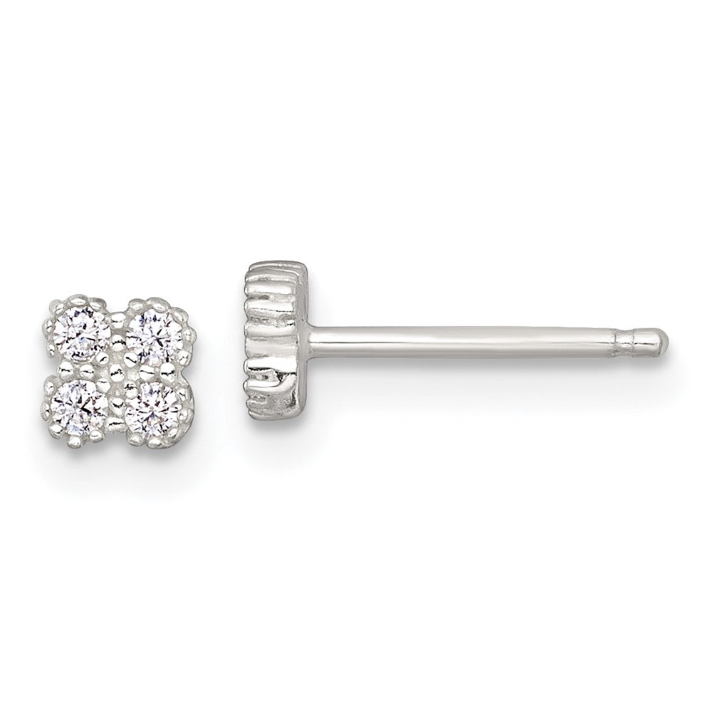 Sterling Silver Polished Textured CZ Quatrefoil Post Earrings