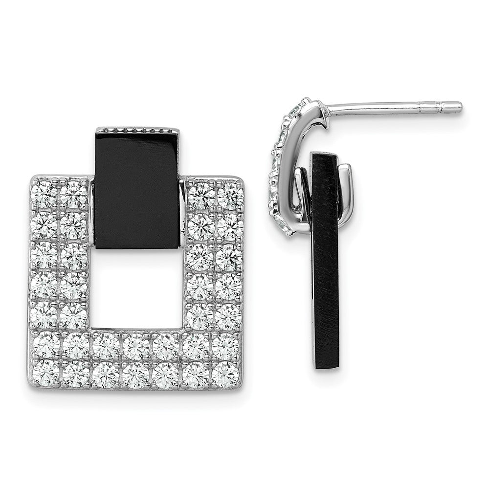 Sterling Silver RH-plated CZ Black Agate Square Dangle Mis-Matched Earrings