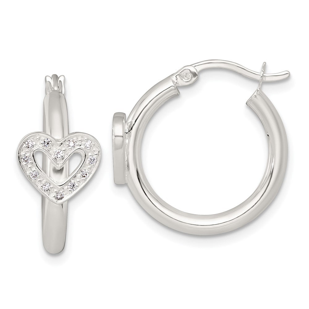 Sterling Silver Polished CZ Heart Round Hoop Earrings