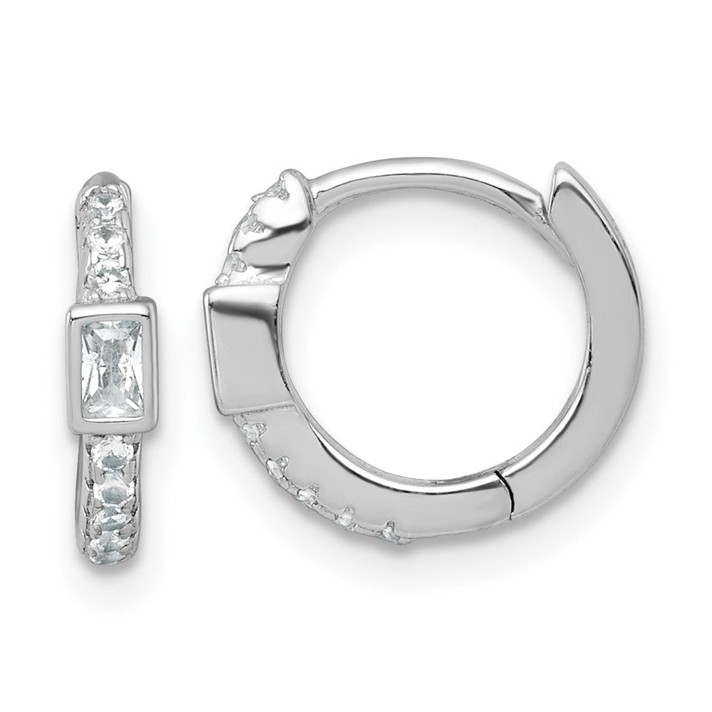 Sterling Silver RH-plated Round/Rectangular CZ Hinged Round Hoop Earrings