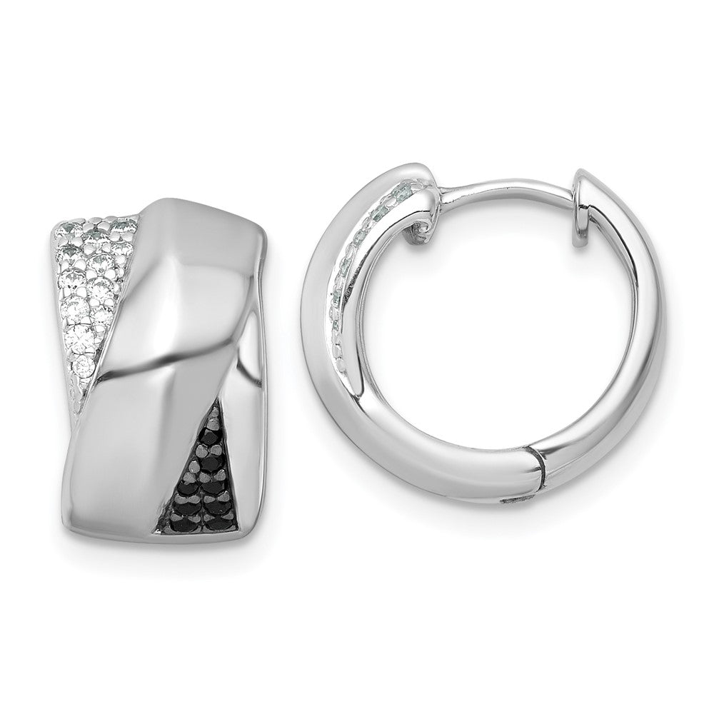 Sterling Silver RH-pltd Polished Black/White CZ Round Hinged Hoop Earrings