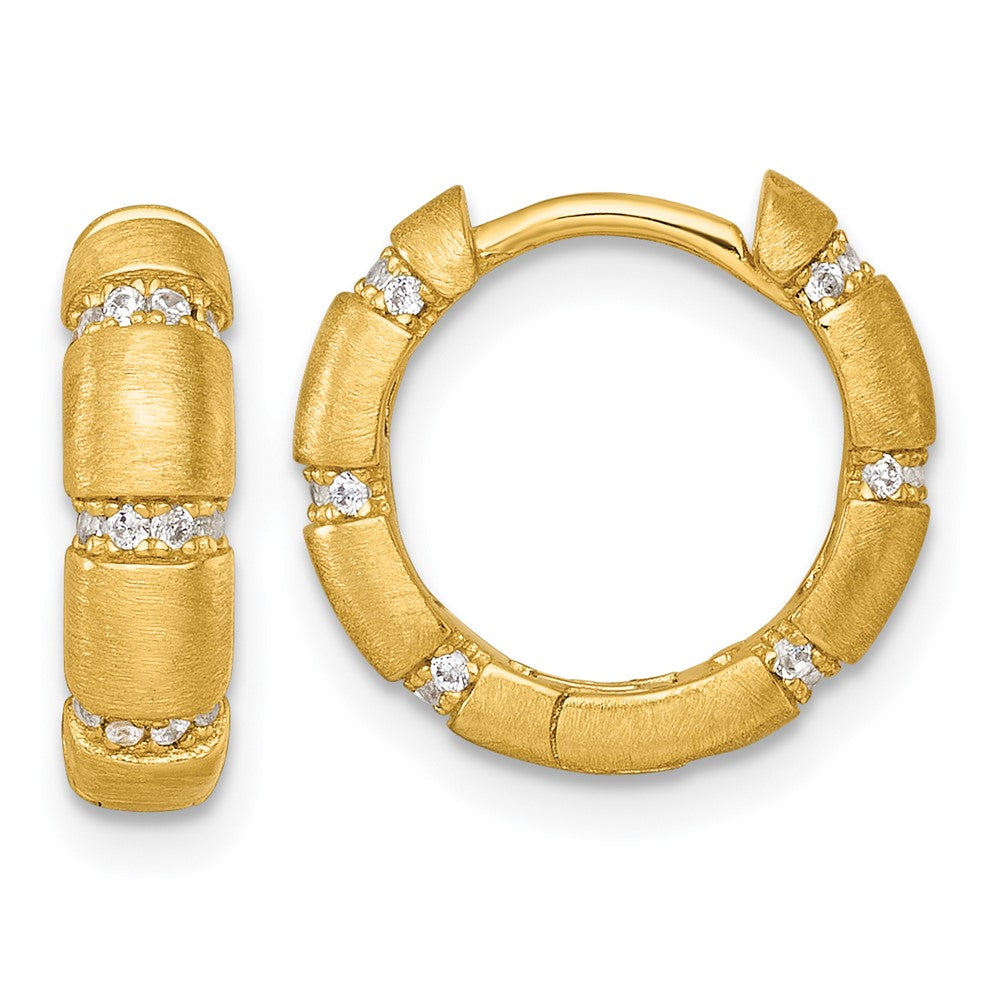 Sterling Silver Gold-Tone Polish/Textured CZ 4mm Hinged Hoop Earrings