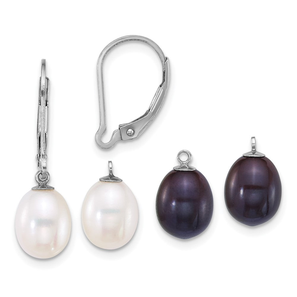 Sterling Silver Rhod 7-8mm FWC Pearl 2pc Enhancer and Leverback Earrings Se