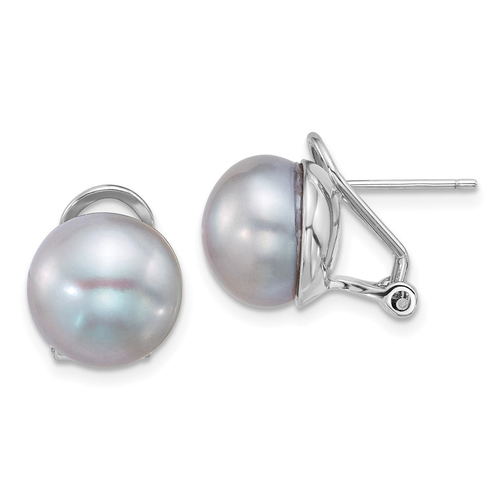Sterling Silver Rh-plat 11-12mm Button Grey FWC Omega Back Earrings