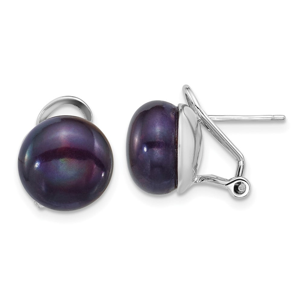 Sterling Silver Rh-plated 11-12mm Blk FWC Pearl Omega Back Earrings