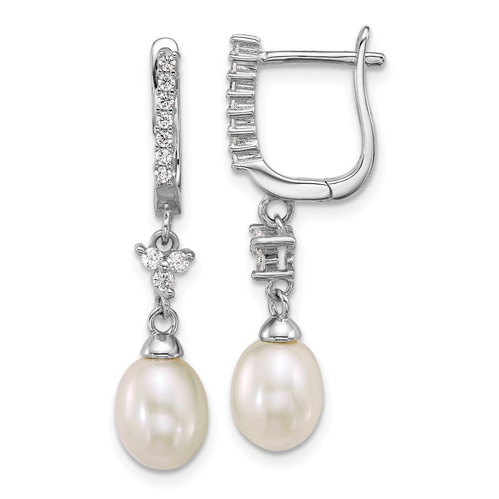 Sterling Silver Rh-plated 6-7mm Wht Teardrop/CZ Dangle Hoop Earrings
