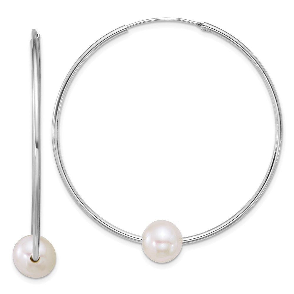 Sterling Silver Rh-pltd 8-9mm Semi-Rnd FWC Pearl Hoop Earrings