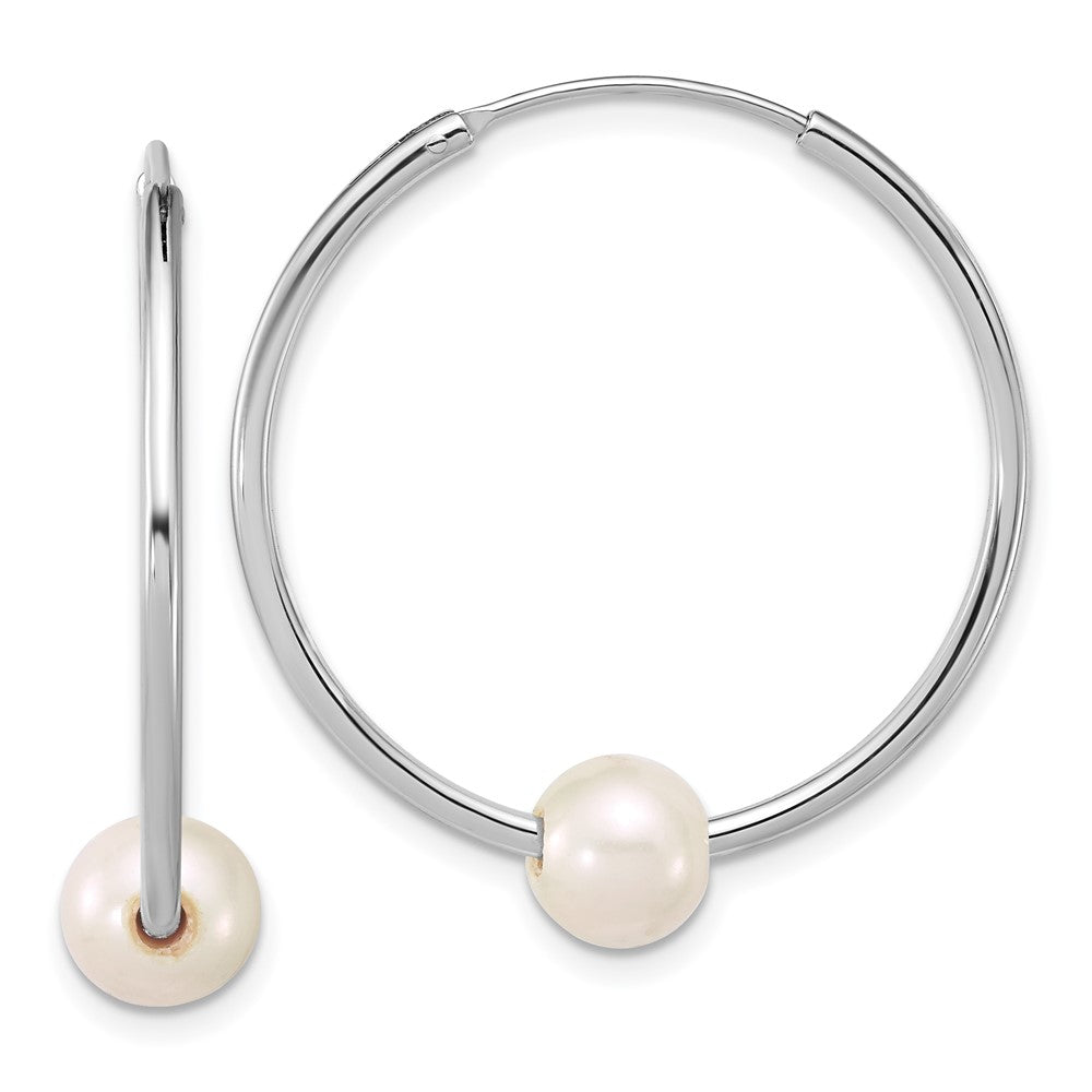 Sterling Silver Rh-plated 7-8mm Semi-Rnd FWC Pearl Hoop Earrings