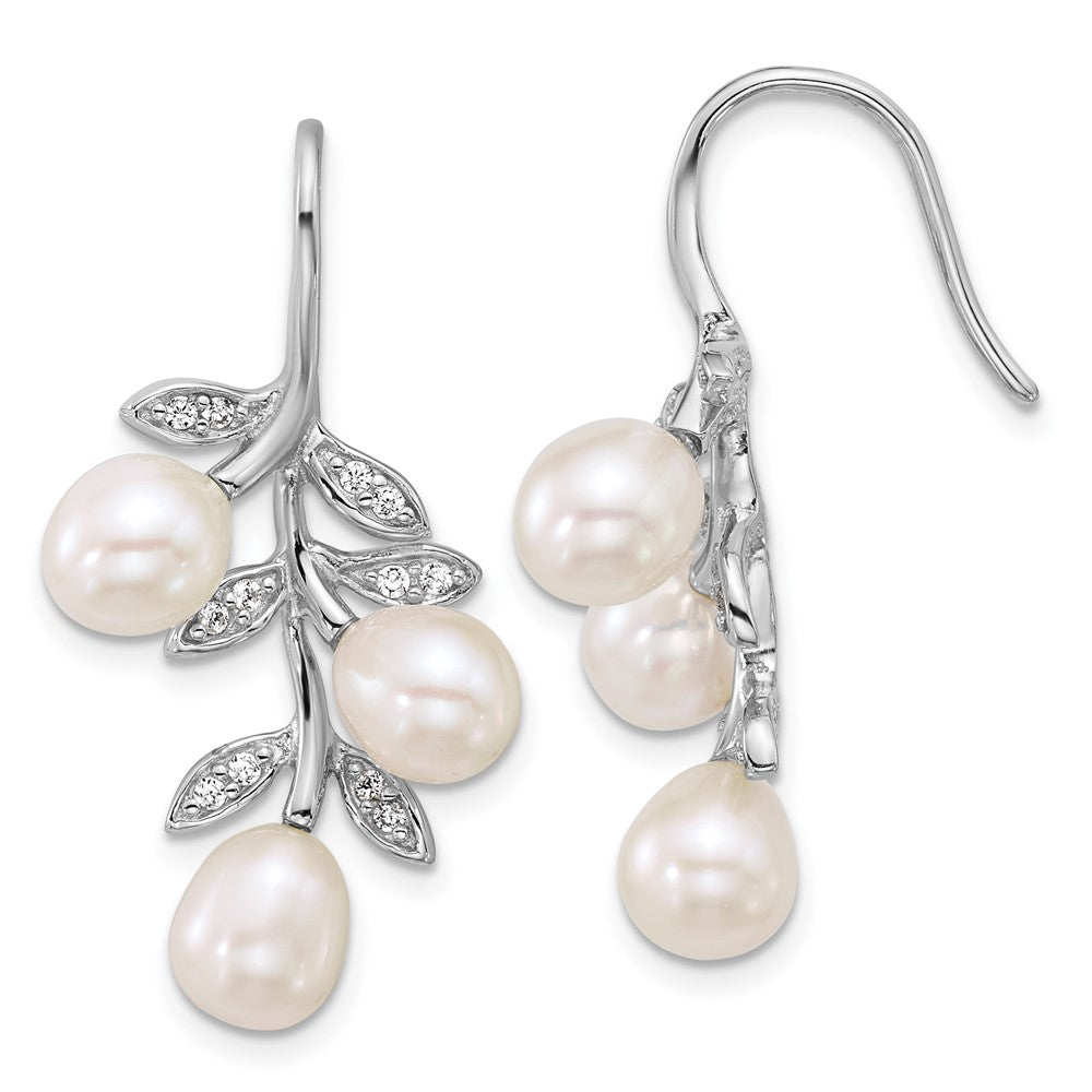 Sterling Silver Rh-plated 6-8mm Rice FWC Pearl CZ Leaf Earrings