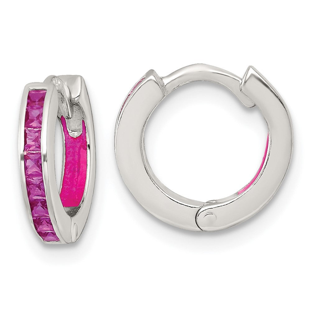 SS Polished Pink CZ and Enamel In/Out Hinged Round Hoop Earrings