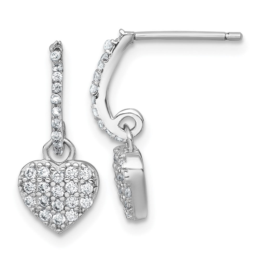 Sterling Silver RH-plated Polished CZ Heart Post Dangle Earrings