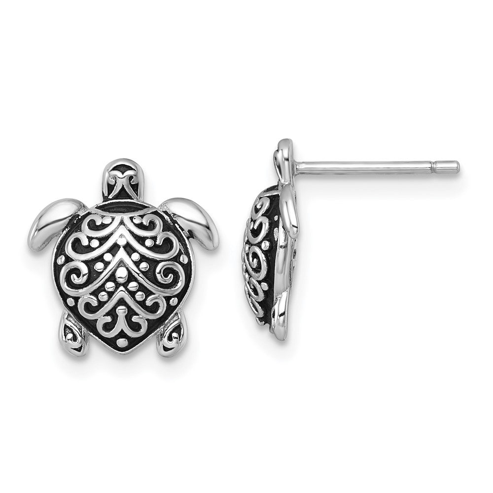 Sterling Silver RH-plated Oxidized Filigree Hollow Turtle Post Earrings