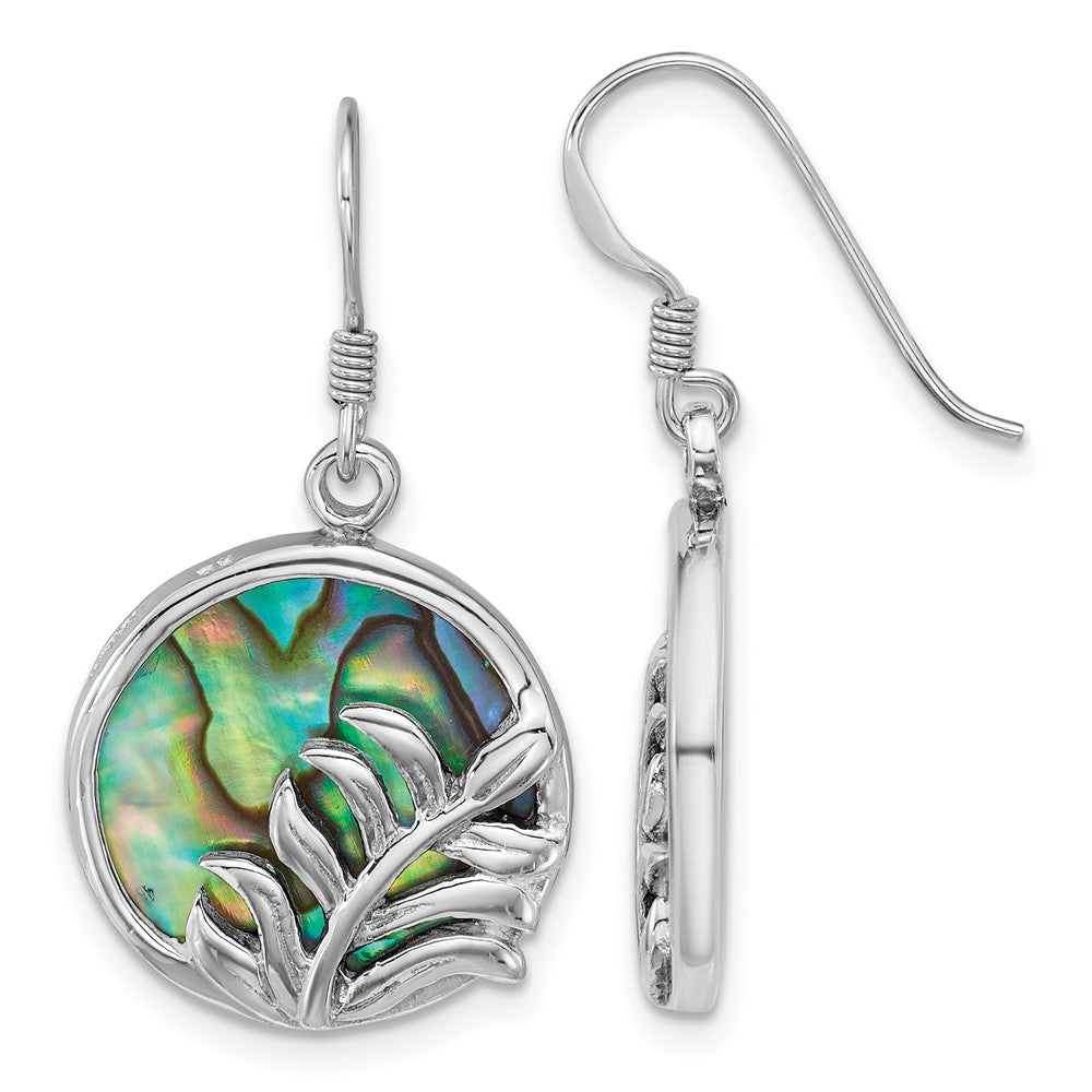Sterling Silver Rhod-plated Polish Abalone Round w/Leaves Earrings