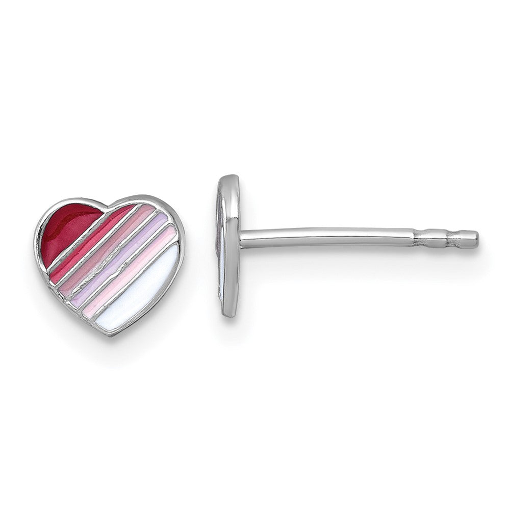 SS Madi K RH-plated Enamel Striped Heart Children's Post Earrings