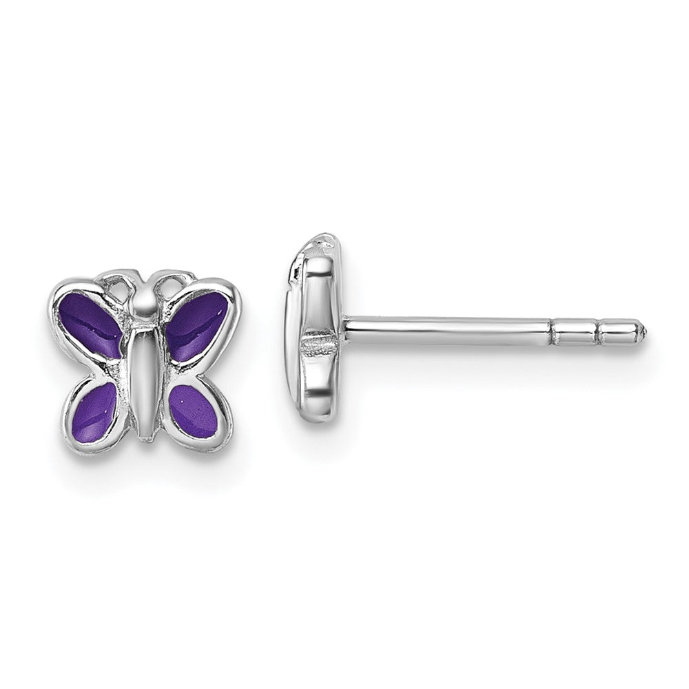 Sterling Silver Rh-plated Children's Enamel Butterfly Post Earrings