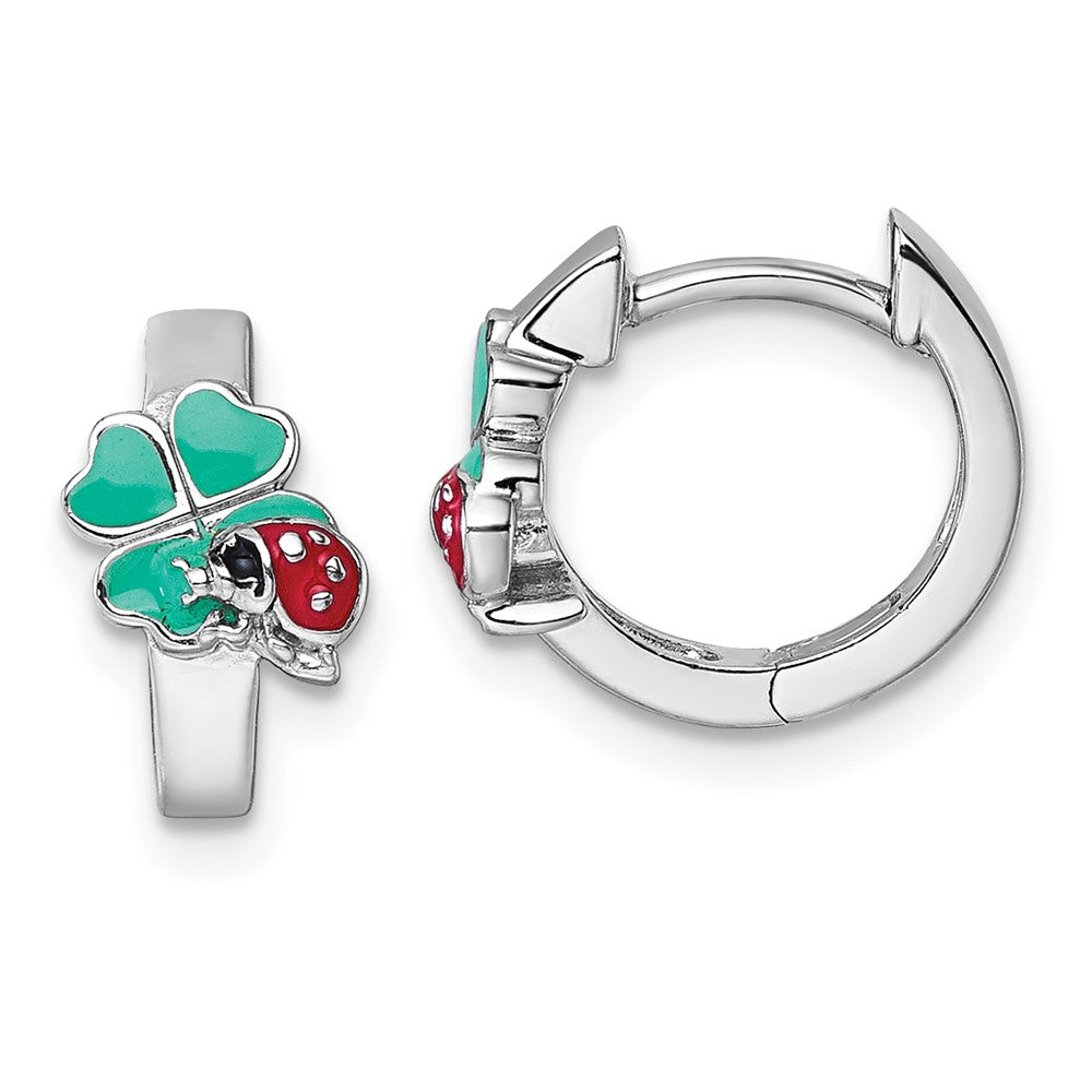 Sterling Silver Rh-plated Children's Enamel Ladybug Clover Hoop Earrings