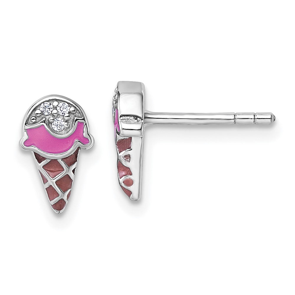 Sterling Silver Rh-plated Children's Enamel CZ Ice Cream Post Earrings