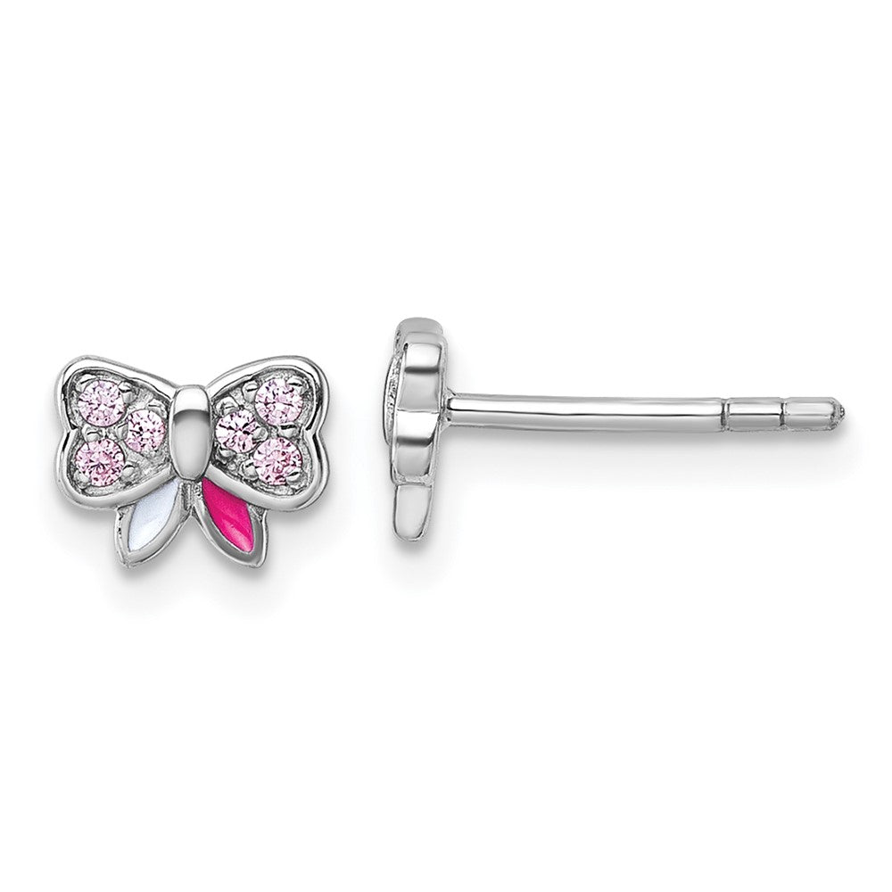 Sterling Silver Rh-plated Children's CZ and Enamel Bow Post Earrings