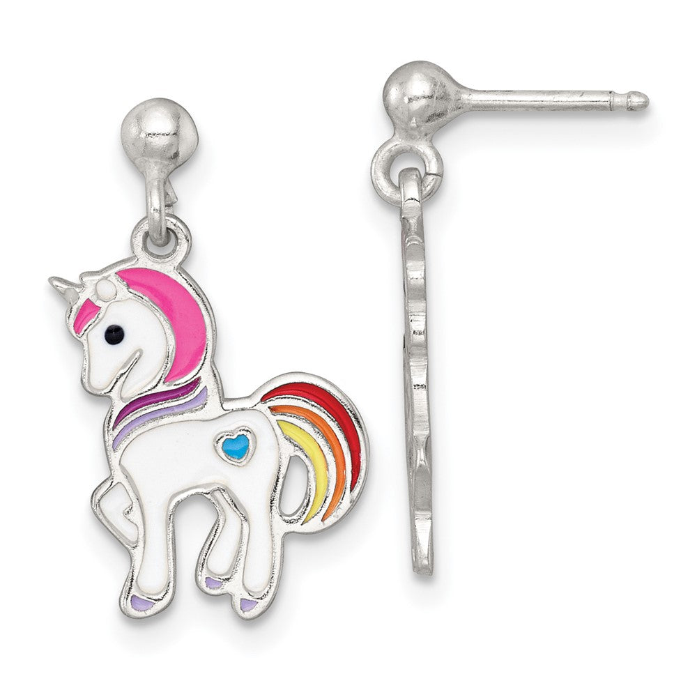 Sterling Silver Polished Enameled Unicorn Children's Post Dangle Earrings
