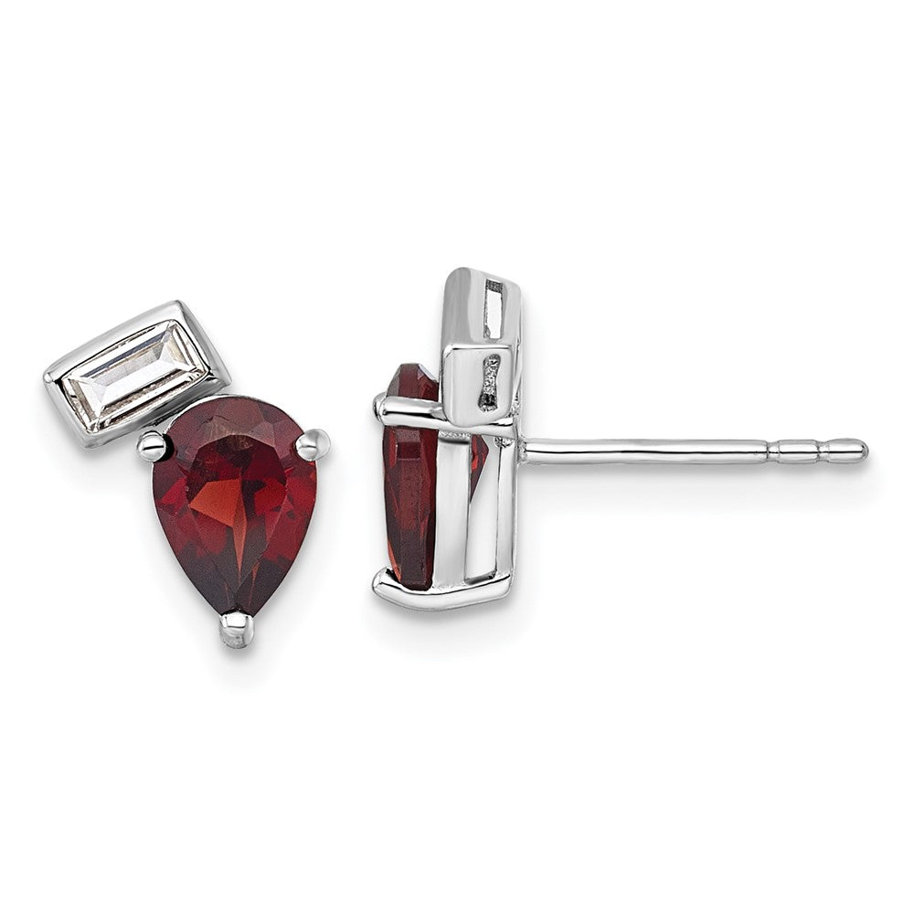 SS RH-plated Pear and Rectangle Shape Garnet White Topaz Post Earrings
