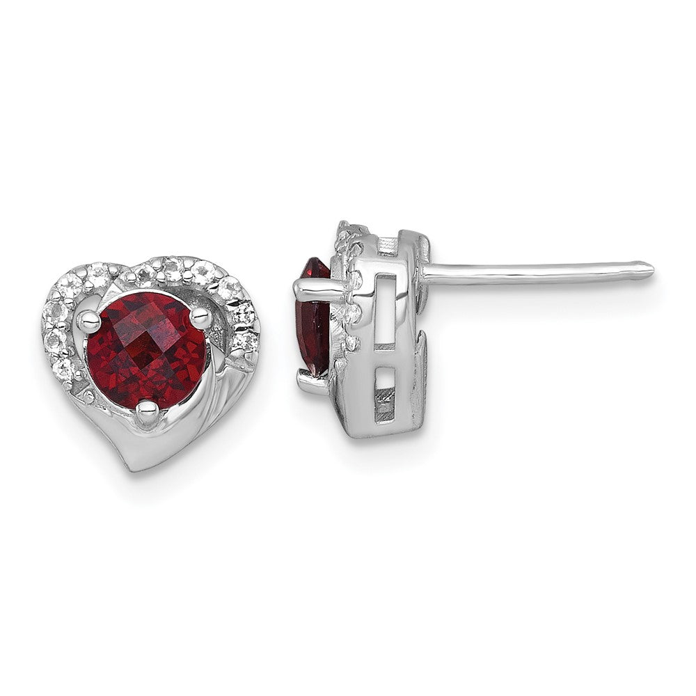 Sterling Silver RH-plated Garnet & White Topaz Heart Post Earrings