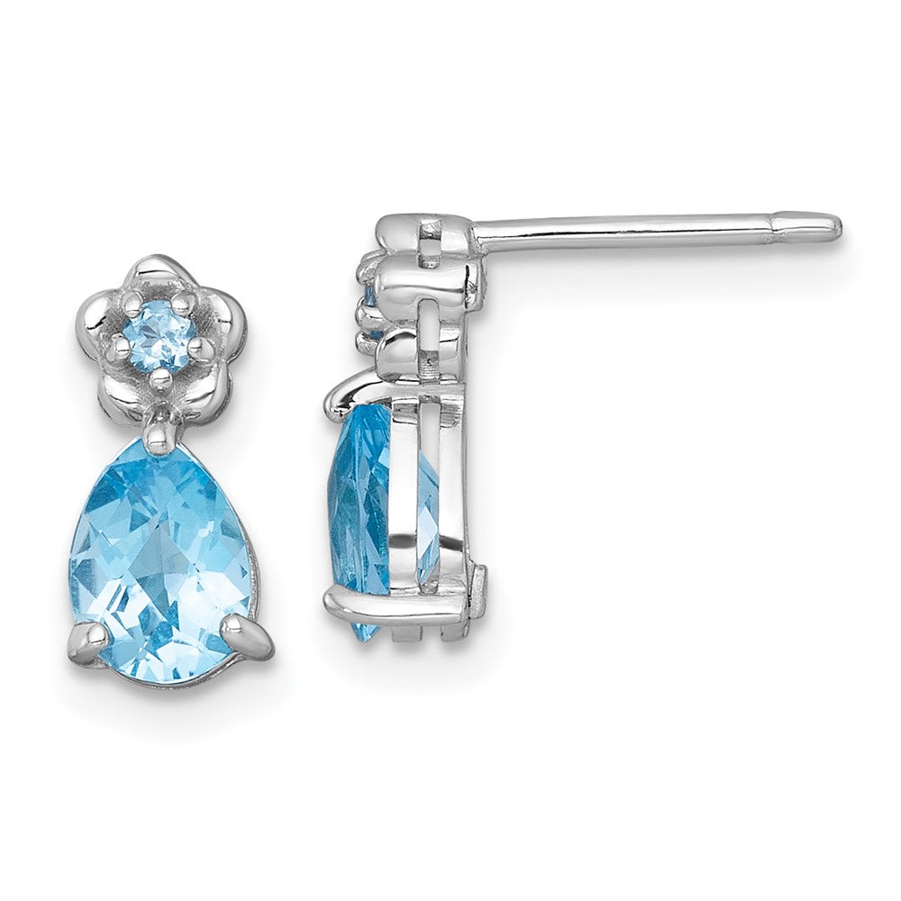 SS RH-plated Light Swiss Blue Topaz Teardrop & Flower Post Earrings