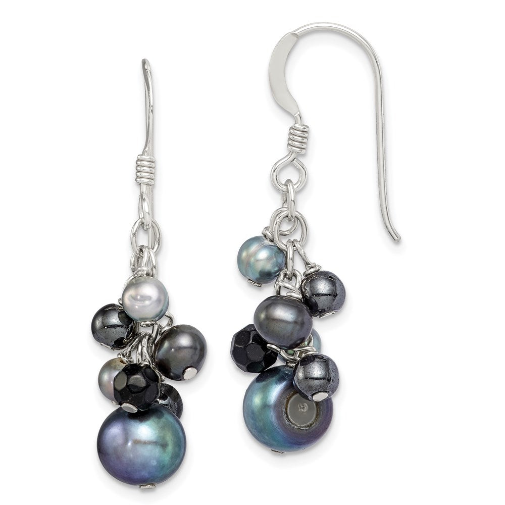 Sterling Silver Black/Grey FW Cultured Pearls and Onyx Dangle Earrings
