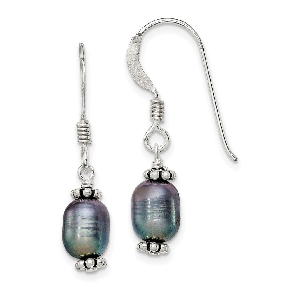 Sterling Silver Polished & Antiqued Black FWC Pearl Dangle Earrings