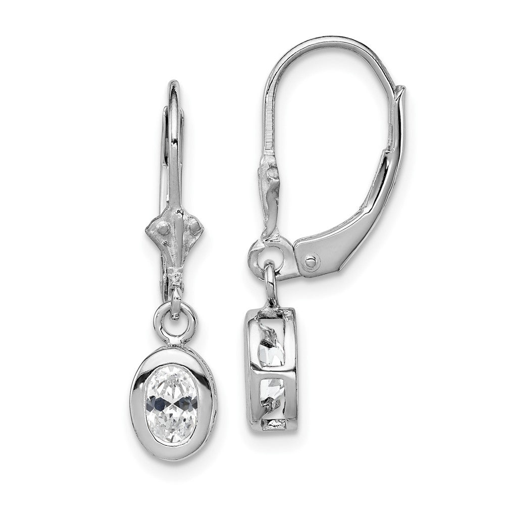 Sterling Silver Rhodium Plated 6x4mm Oval CZ Leverback Earrings
