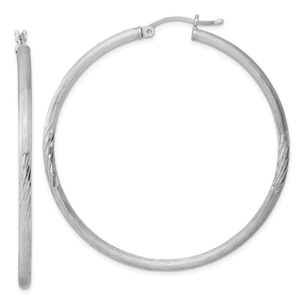 Sterling Silver Rhod-plated 2.5mm Polished/Satin Diamond-cut Hoop Earrings